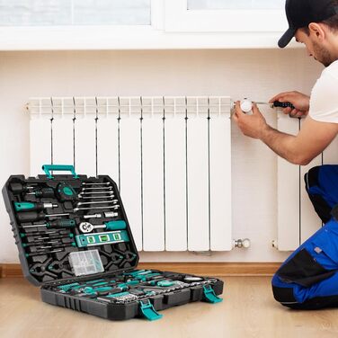 Набір інструментів TLGREEN 198 предметів у кейсі: побутовий, з тріскачкою, набором головок, викрутками, універсальний темно-зелений + чорний