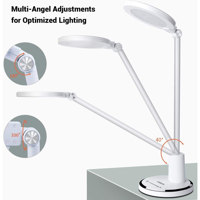LED настільна лампа JUKSTG 12W з торканням, диммуванням, 5 кольорів, захистом для очей, для офісу, читання, роботи, дітей (біла)
