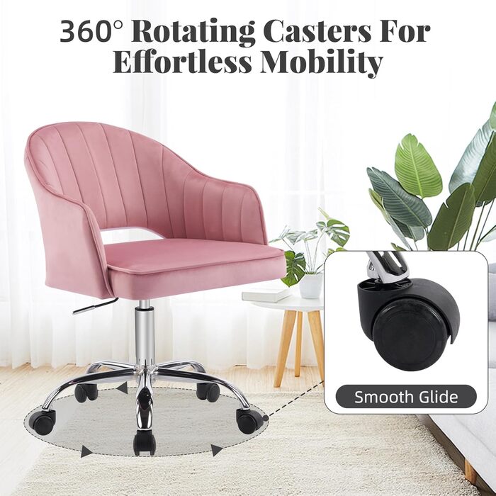 Крісло для офісу Fiximaster Homeoffice, крісло для робочого столу, обертове, регульоване по висоті, з велюру, ергономічне, для робочого кабінету/спальні, до 113 кг, рожеве