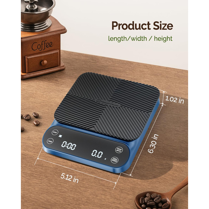 Ваги для кави Maestri House S3 з таймером, 3 кг/0,1 г, перезаряджувані, цифрові, для еспресо, з 3 режимами заварювання, регульованими пропорціями та індикатором потоку, для Pour Over, French Press (блакитні)