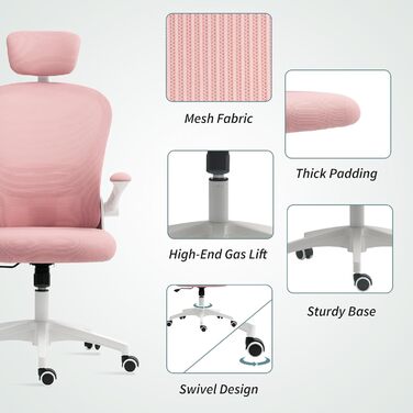 Офісний стілець Vinsetto з високою спинкою, сітчаста тканина, комп'ютерний стілець з обертовою підголівником, 4D-підтримка попереку, регульовані підлокітники, регульована висота, білий (рожевий)