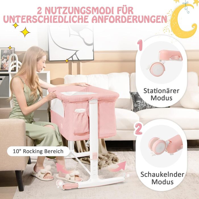 Дитяче ліжко-гойдалка Dreamade 2 в 1 з регулюванням висоти, 86 x 63 см, рожеве, від народження до 9 кг, з матрацом та колесами