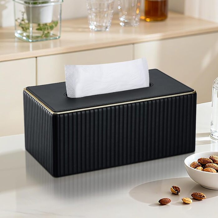 KINGFOM Склянка для серветок з золотим оздобленням, шкіра PU, чорна, прямокутна | Склянка для серветок у вітальню, ванну кімнату, офіс