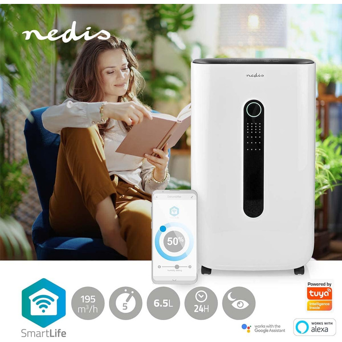 Осушувач повітря Nedis SmartLife Wi-Fi 20 л/добу Осушення/Безперервне/Сухе прання/Вентиляція Apple Store/Google Play Регульований гігростат 195 м/год