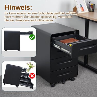 Роликовий контейнер HOMSTEEL з замком, 4 шухляди, металевий офісний шафка, чорний (46T x 40B x 64H cm)