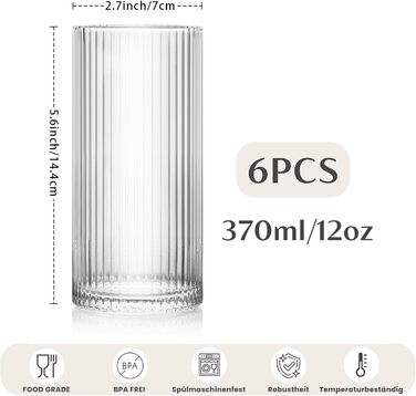 Набір склянок INSETLAN 370мл (6 шт.) для напоїв: віскі, пива, соків, кави та коктейлів | Склянка Long Drink | Склянка для води | Склянка для напоїв | Можна мити в посудомийній машині