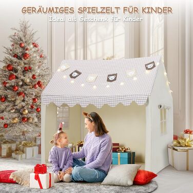 Дитячий намет Mamizо з килимком, прапорцями та світлом, зручний та дихаючий. Ігровий будиночок для дітей, намет для хлопчиків та дівчаток, 125x90x123 см, бежевий колір.