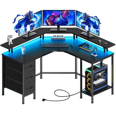 Ігровий кутовий стіл Seventable L-подібний з LED підсвіткою та розетками, 3 ящики, чорний 135x135x88 см