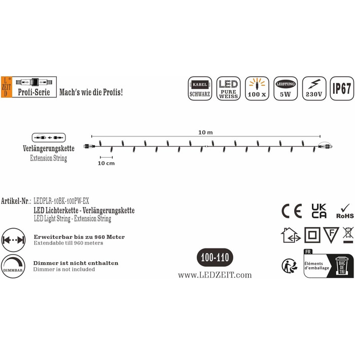 Професійний світлодіодний світловий ланцюг LEDZEIT, 10 м, 100 теплих білих світлодіодів, розширюється, міцний, внутрішній/зовнішній, чорний