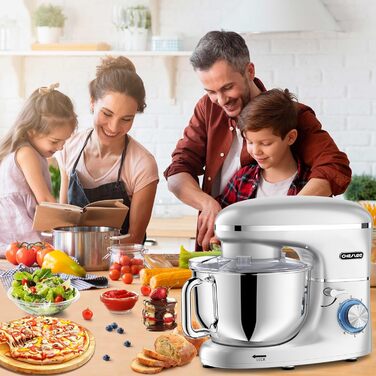 Кухонна машина Cheflee 2000W з місткою чашею 6.2L з нержавіючої сталі, 6 швидкостей, низький шум, набір насадок (міксер, гак для тіста), захист від бризок