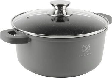 Каструля з антипригарним покриттям 10 літрів, діаметр 28 см, з кришкою, з алюмінієвого лиття, для всіх типів плит (в т.ч. індукційних), сіра. Ідеально для супу, тушкування та приготування великих порцій.