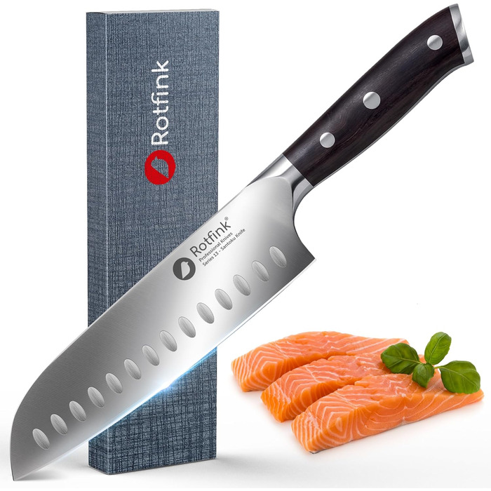 Японський ніж Сантоку 18 см, професійний кухонний ніж з нержавіючої сталі, для м'яса та овочів, ергономічна ручка з ебенового дерева, кут заточування 15°, подарункова коробка, 10 років гарантії