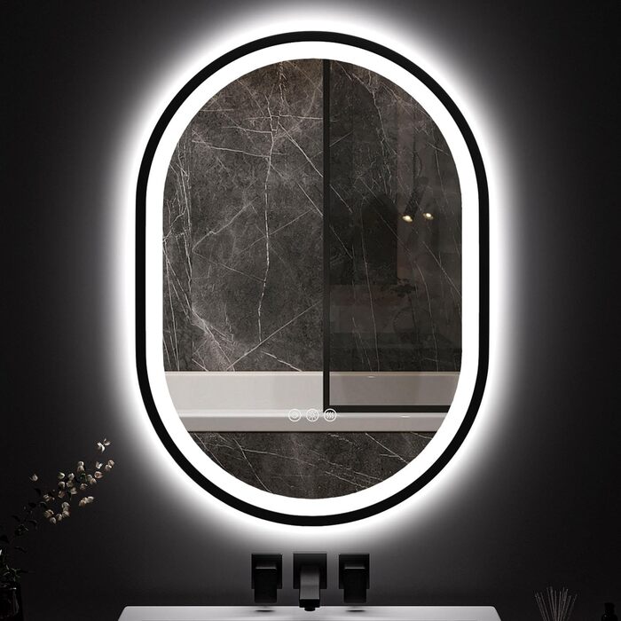 Круглий LED-дзеркало для ванної кімнати ChillCruiser 50 см з чорною рамою, антизапар, 3 кольори, функція Memory