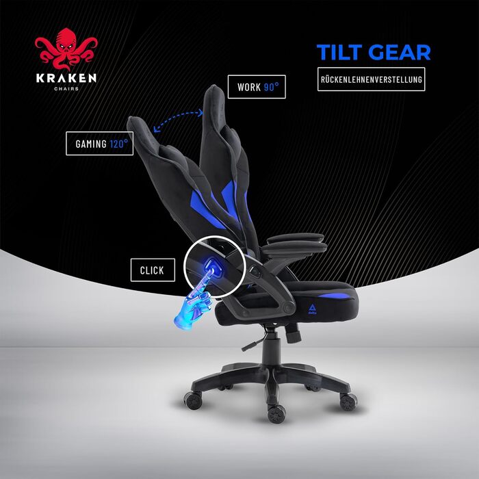 Крісло ігрове KRAKEN CHAIRS, тканинне, ергономічне, для геймерів, чорно-синій, до 130 кг