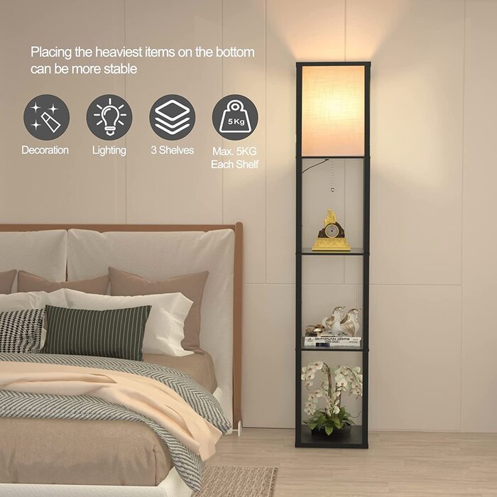 Торшер з дерев'яною поличкою Stehlampe, чорний, 3 режими світла, 1.62м для вітальні, спальні, офісу