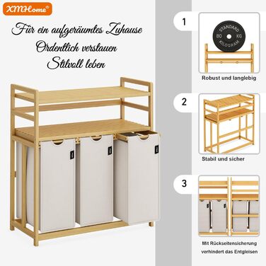 Бамбуковий сортер для білизни з 3 відділеннями, 148 літрів, 2 яруси, великий кошик для білизни з знімним мішком, прямокутна коробка для ванної, спальні та пральні, 77.5x41.3x100.5 см, бежевий (сірий)