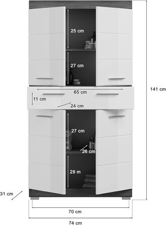 Ванна кімната Scout Midi Cabinet X06B2715, передня частина біла глянцева, корпус копчений срібло, 74x1431 см