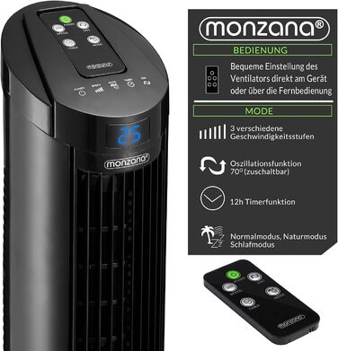 Баштовий вентилятор Monzana 70 з кутом коливання Пульт дистанційного керування 3 налаштування швидкості 84 см Таймер 1-12 годин Освіжувач кімнати Aromabox Функція Turbo Чорний