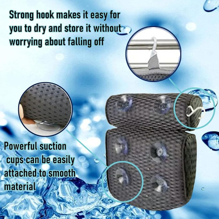 Подушка для ванни з піни Memory Foam, антиковзка, для шиї та спини, 4D вентиляція, 6 присосок, сіра