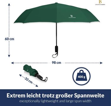 Штормозахисна складна парасолька LOGAN & BARNES до 140 км/год, з тефлоновим покриттям, модель Boston темно-зелена