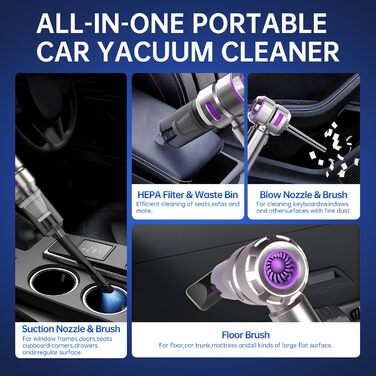 Бездротовий портативний автомобільний пилосмик Mini-Handstaubsauger, потужність 23000Па, циклонна система, USB-зарядка, для авто, дому та офісу (Сріблястий фіолетовий)