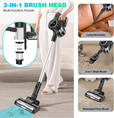 Акумуляторний пилосос 10-15Kpa з 2 режимами, 2 x 3000mAh акумулятори, 140W, LED-щітка, 2-в-1, довга насадка, ручний пилосос з 2 акумуляторами