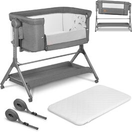 Дитяче ліжко Lionelo Leonie Plus 3 в 1 (ліжко, приліжкова колиска, гойдалка) сірого кольору, до 9 кг, з регулюванням висоти, повітряні стінки, знімною бічною панеллю, коліщатка з гальмом, великий кошик