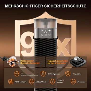 Електричний обігрівач з підігрівом, 2000W, PTC керамічний, з функцією зволоження, пульт дистанційного керування, 75° осциляція, 3 режими підсвічування, ECO-режим, захист від перегріву та перекидання, таймер 12 год