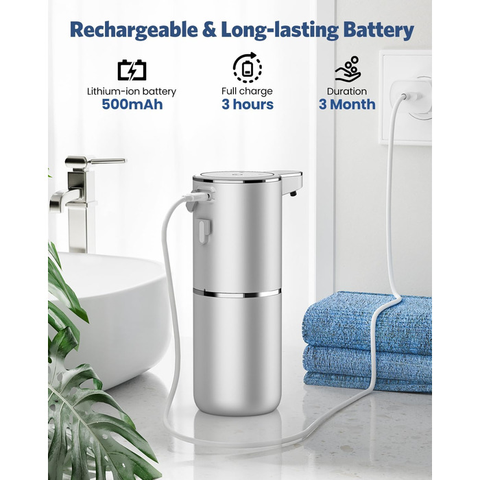 Автоматичний дозатор мила, 380 мл, електричний, з датчиком, USB, водонепроникний IPX5, для кухні, ванної кімнати, школи, готелю (сріблястий, піна)
