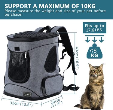 Рюкзак для собак Petsfit, рюкзак для кішок і цуценят, складаний рюкзак для домашніх тварин, зручний для спілкування з домашніми тваринами, з ременем безпеки і застібкою-блискавкою з захистом від відкривання для піших прогулянок і подорожей (сірий)