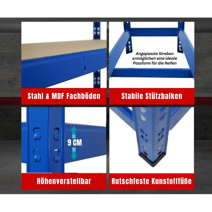 Стеляж для шин PROREGAL Tiger XL, 200x180x45 см, 300 кг на полицю, до 205/55 R16, для автосервісу, складу, підвалу (6 шин + 6 полиць, блакитний)
