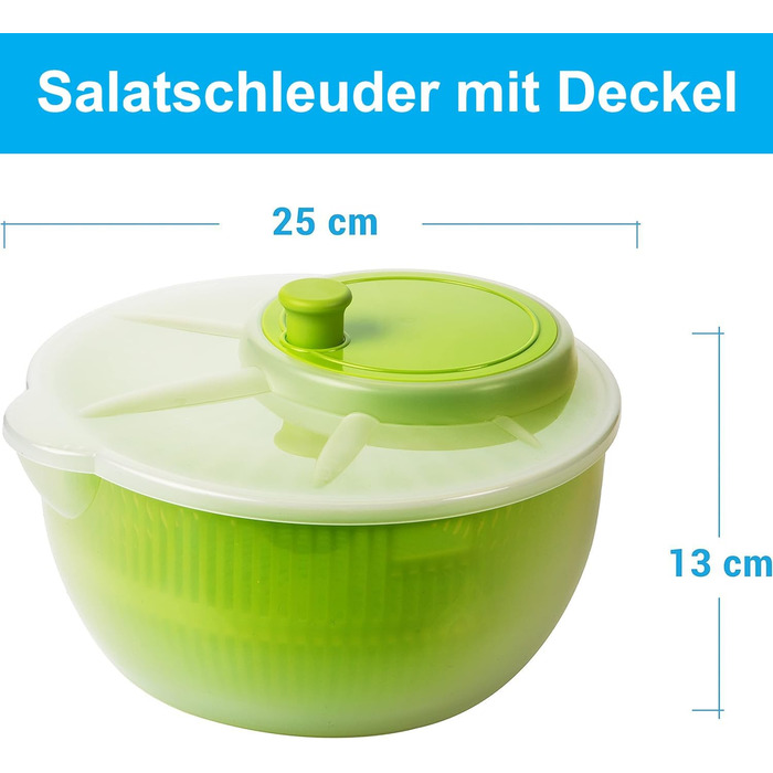 Сушарка для салату з кришкою Набір для сушіння салату з 2 шт. Ø25 см, висота 13 см, ємність 4 л, з носиком, можна мити в посудомийній машині Міцний поліпропіленовий матеріал, зелений/прозорий, преміум-якість ЄС