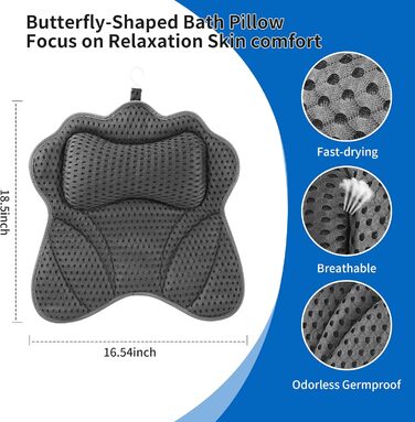 Подушка для ванни 4D сітка з присосками, підтримка шиї, плечей, голови та спини, сіра