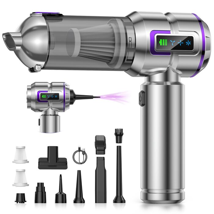 Акумуляторний ручний пилосос 4-в-1 Handstaubsauger, 25000Па, безщітковий мотор, з дисплеєм та функцією самоочищення, для дому та авто, сріблястий