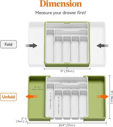 Лоток для столових приборів Lifewit для висувних ящиків, розширюваний лоток для столових приборів, регульований лоток для столових приборів, пластик, тримач для ножів ложки, тримач для ножів, великий, (зелений і білий)