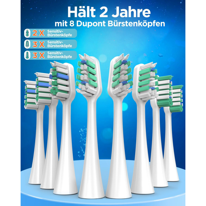 Електрична зубна щітка зі звуковими вібраціями, 8 насадок (3 типи), таймер, 120 днів роботи від акумулятора, 5 режимів чищення, чохол для подорожей, зарядний пристрій для стіни, синій колір