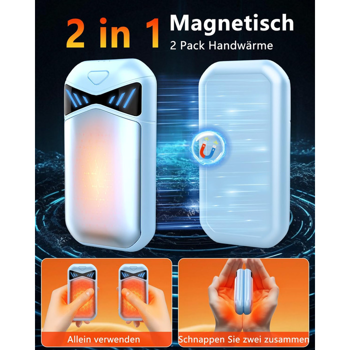 Електричні грілки для рук DDKJ, 2 шт., 7000mAh, з магнітом, 3 режими нагріву до 55°C, для дітей, чоловіків, жінок (блакитні)