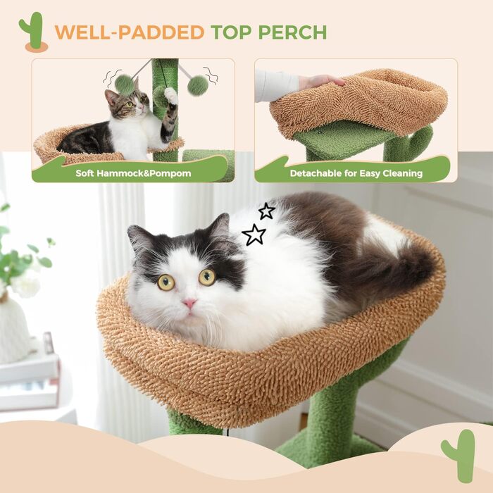 Кактус Котяче дерево 216-285см, 5 ярусів Cat Tower з гамаком, платформами та кулями (зелений)