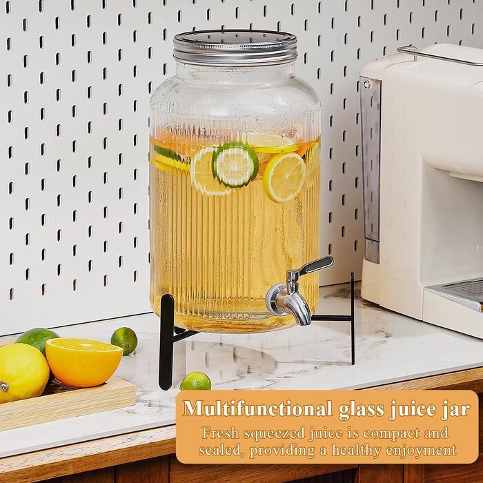 Скляний диспенсер для напоїв Evanda з нержавіючим сталевим краном, 4л, для приготування холодного чаю, лимонаду та соків