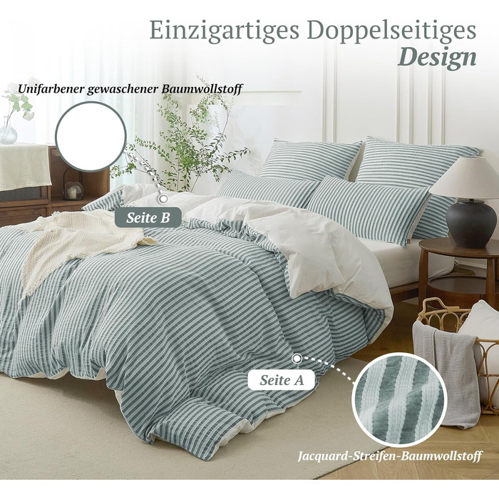 Набір постільної білизни SOULFUL 200x200, бавовна, смугастий дизайн, джакард, екологічна бавовна, бохо стиль, преміум якість, сертифікат Öko-Tex 100, колір деним (темно-зелений & білий), 4-елементний комплект (2x 135*200 см | 2x 80*80 см)