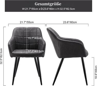 CLIPOP Комплект з 2-х обідніх стільців, з підлокітниками, з штучної шкіри, для кухні, вітальні, обідньої кімнати (штучна шкіра, темно-сірий)