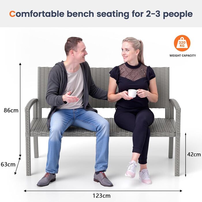 Садова лавка з поліротангу UDPATIO для тераси, балкону та саду (123x63x86 см, сіра). Міцна (до 320 кг) з спинкою та підлокітниками