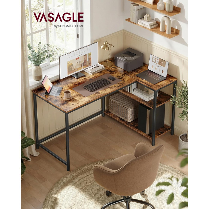 Кутовий стіл VASAGLE L-подібний для дому та офісу, комп'ютерний стіл з полицями, 120 x 80 см, вінтажний коричневий (LWD136KD01)