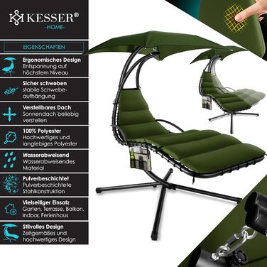 Кесер® Розкішна гамак-шезлонг з сонцезахисним козирком, 194x100 см, до 120 кг, з подушкою для шиї та сумкою (Хакі)