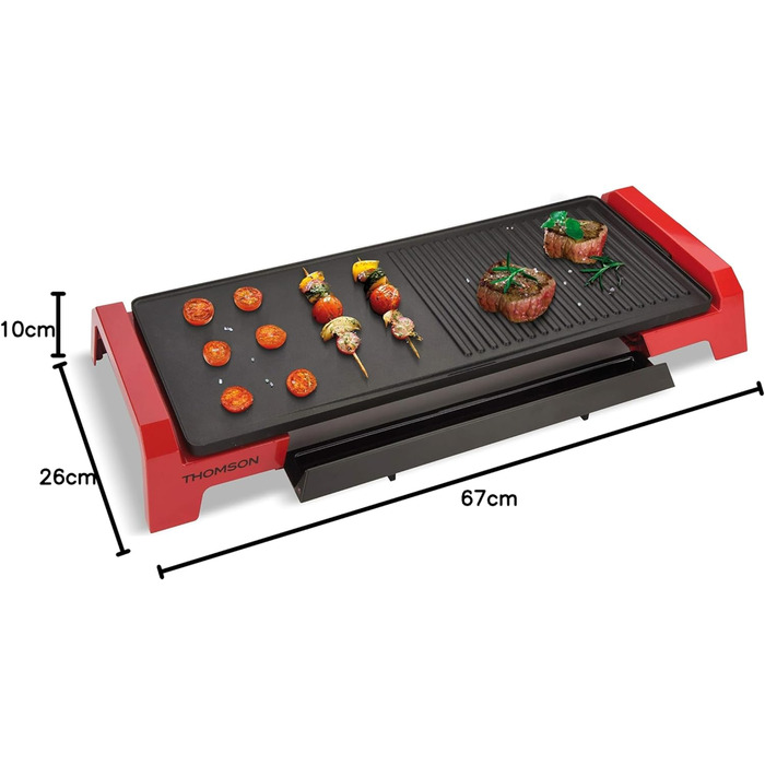 В-1 настільний гриль електричний (60 x 25 см) - Електричний гриль для балкона, саду, приміщення, планча-гриль і додаткова поверхня гриля з контейнером для збору та ручками, THPL960G, чорний/червоний, 2-