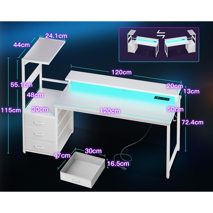 Ігровий стіл Coleshome з шухлядами, 151x50 см, з LED-підсвічуванням та розеткою, з полицями та підставкою для монітора (карбонове волокно)