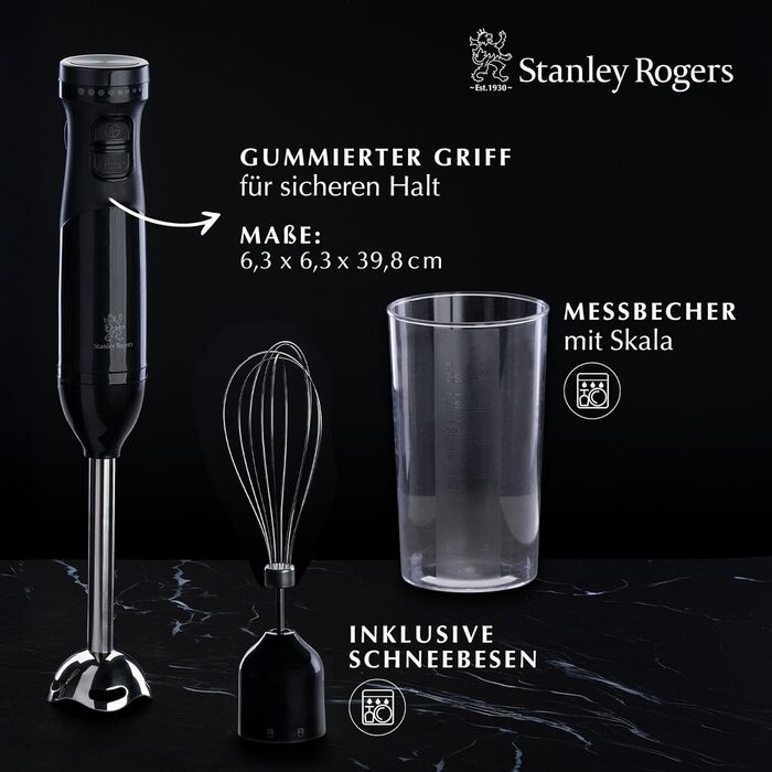 Сталевий блендер Stanley Rogers 500W з 1L скляною колбою, 4-лопатева система + насадка для змішування, 2 швидкості (занурювальний блендер)