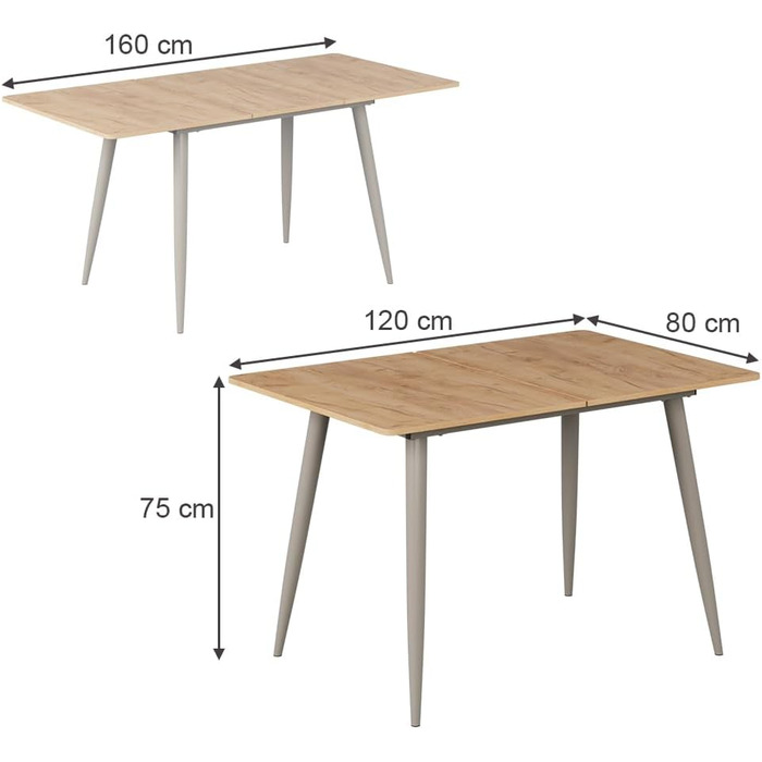Розсувний стіл Vicco Esstisch Beaver, 80x70 см, золото-коричневий дуб/сірий, 120-160x75x80 см