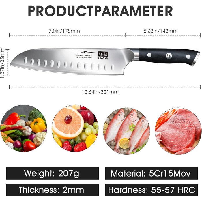 Ніж шеф-кухаря SHAN ZU Santoku: 18 см, нержавіюча сталь, ергономічна ручка, подарункова коробка