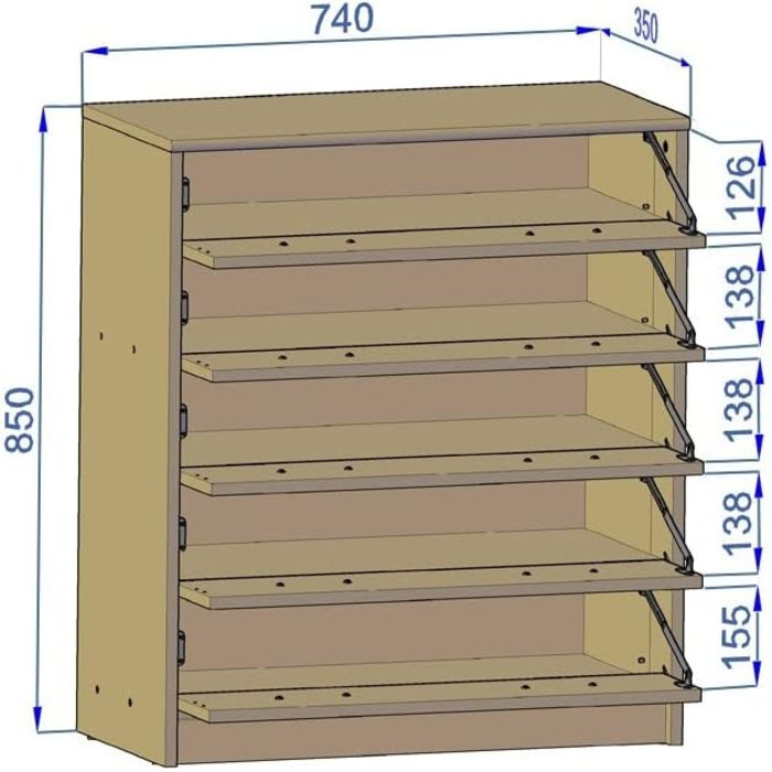 Тумба для взуття MATKAM 5S, сучасна, W74xH85xD35 см, ламінована стільниця, 5 розкладних полиць (дуб сонома)